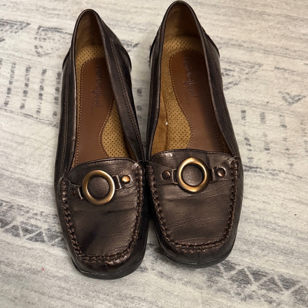 Leather Bronze Slip-On Loafers with Brass Ring Accent VINTAGE